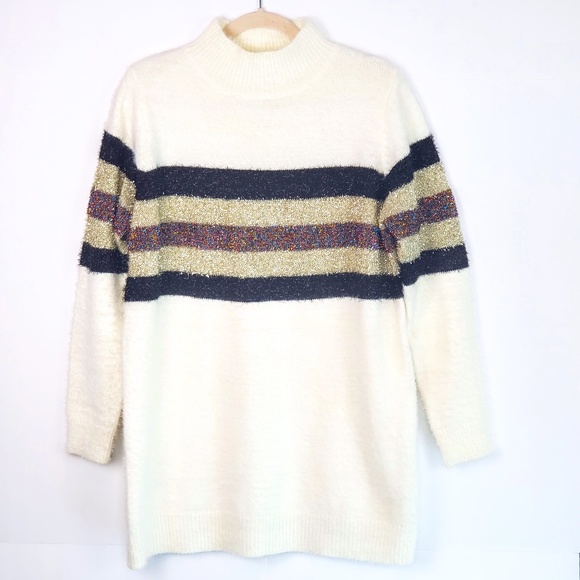 Adora Sweaters - Adora Fuzzy Glitter Stripe Long Mockneck Sweater Size: M/L